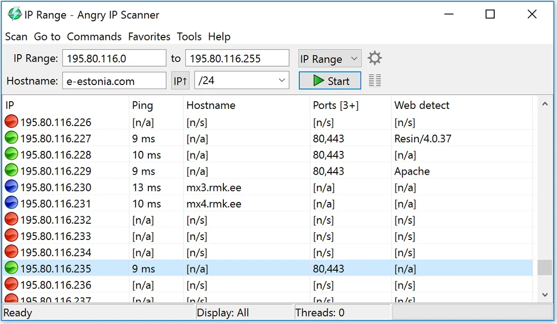 Angry IP Scanner results grid after sweeping a home subnet