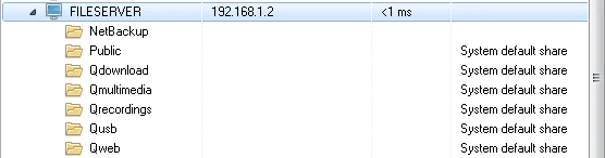 FILESERVER at 192.168.1.2 with latency under 1 ms and shares NetBackup, Public, Qdownload, Qmultimedia, Qrecordings, Qusb and Qweb, most commented System default share