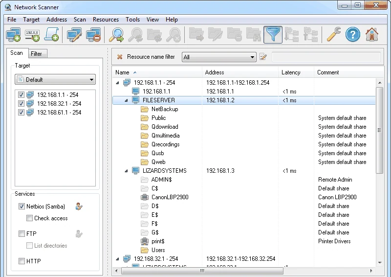Network Scanner main window: a target list of three IP ranges on the left, and a tree of computers with their shared folders on the right